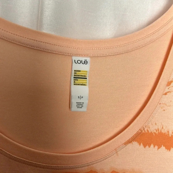 LOLE ALEXANDRA peach orange abstract design on t shirt with cap  sleeve , scoop - Picture 5 of 14